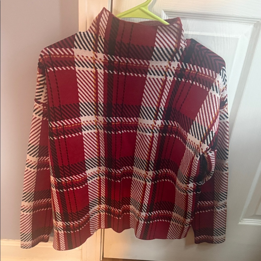 Tahari Red Plaid Mock Neck Pea Coat